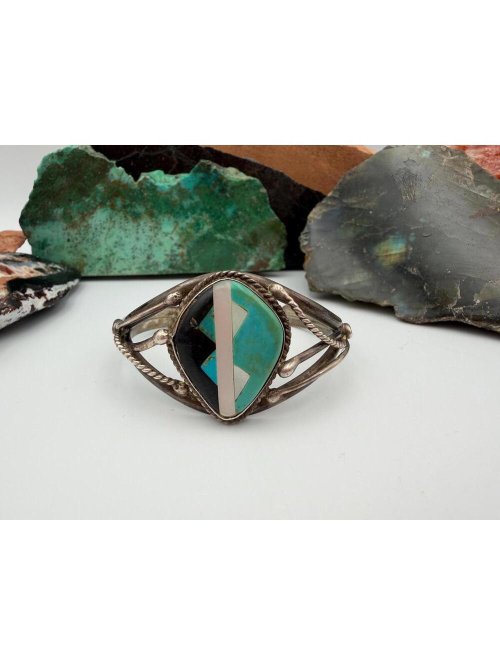 Vintage Navajo Sterling Silver Turquoise, Onyx, Mother of Pearl Cuff Bracelet